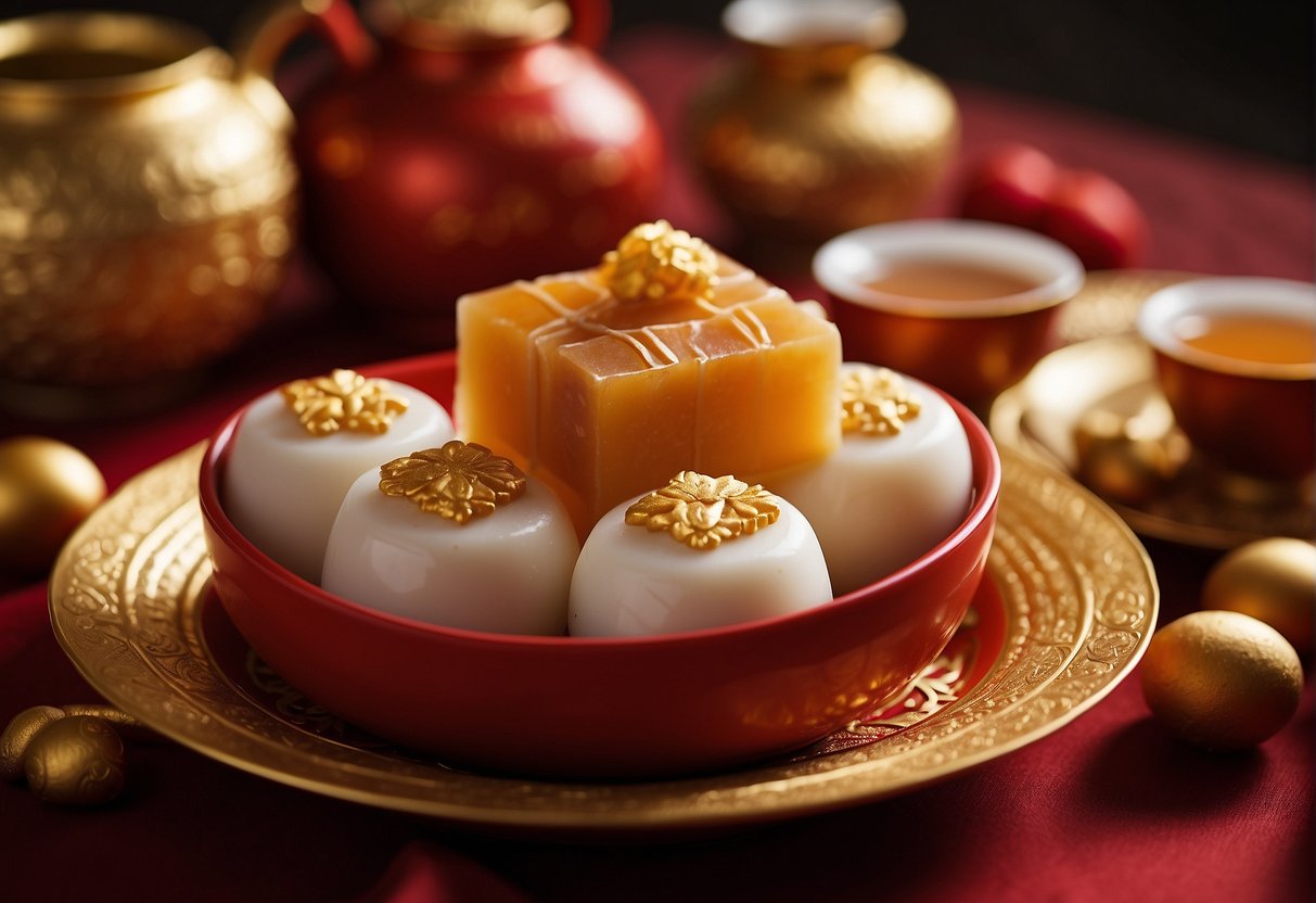 A table adorned with traditional Chinese New Year desserts: tangyuan, nian gao, and fa gao. Red and gold decorations add festive flair