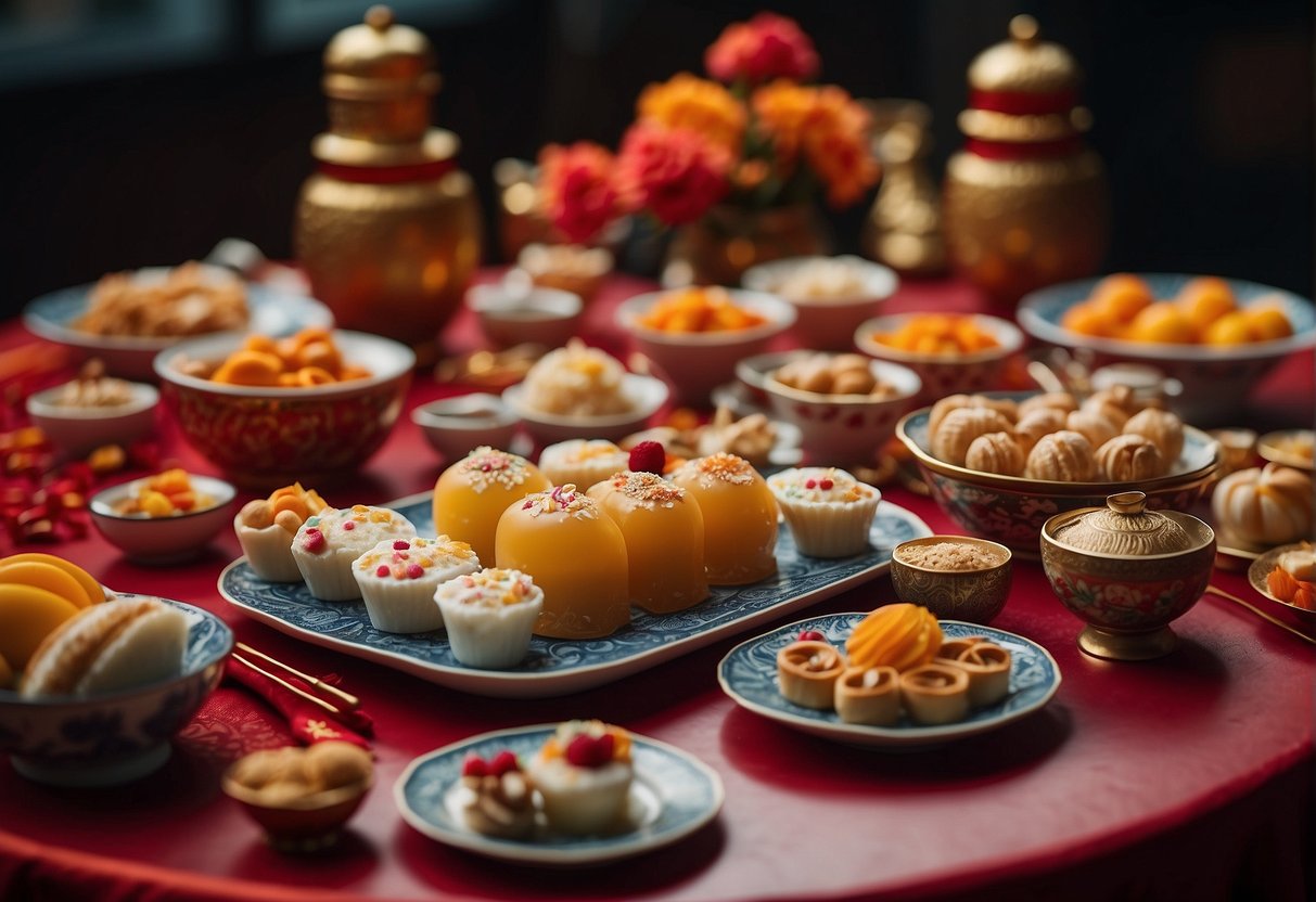 A table adorned with modern Chinese New Year desserts, blending traditional flavors with a contemporary twist. Vibrant colors and intricate designs showcase the fusion of old and new in these delectable treats
