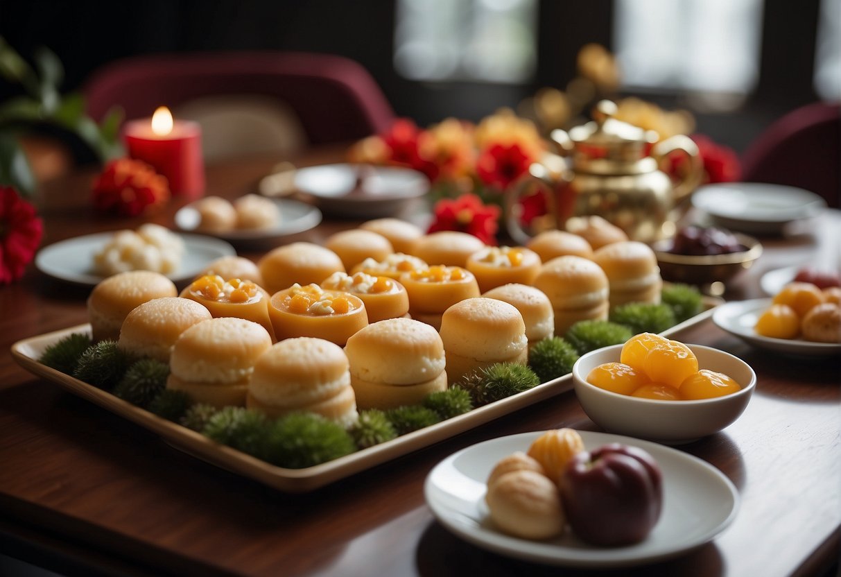 A table set with traditional Chinese New Year desserts, arranged neatly on serving platters with decorative garnishes