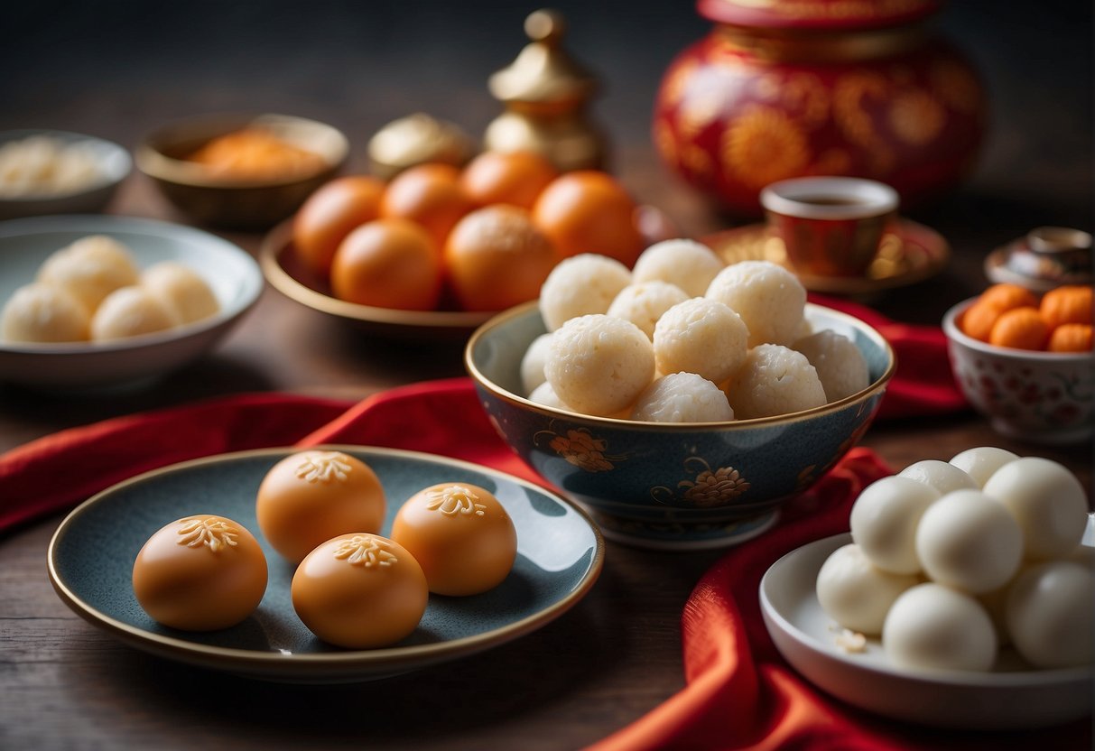 Various Chinese New Year desserts arranged on a table, including tangyuan, nian gao, and sweet rice balls. Ingredients and utensils are neatly organized nearby