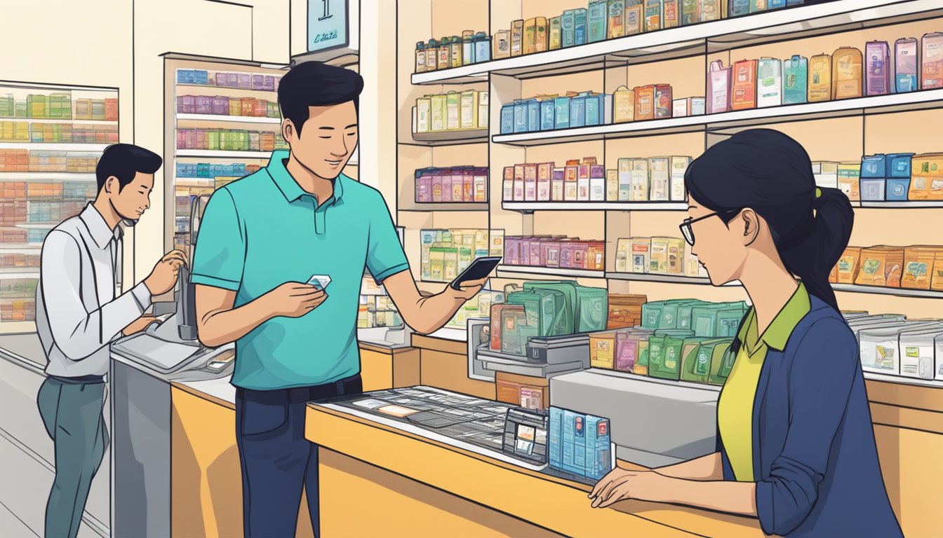 A person at a store counter in Singapore purchasing a Brunei SIM card