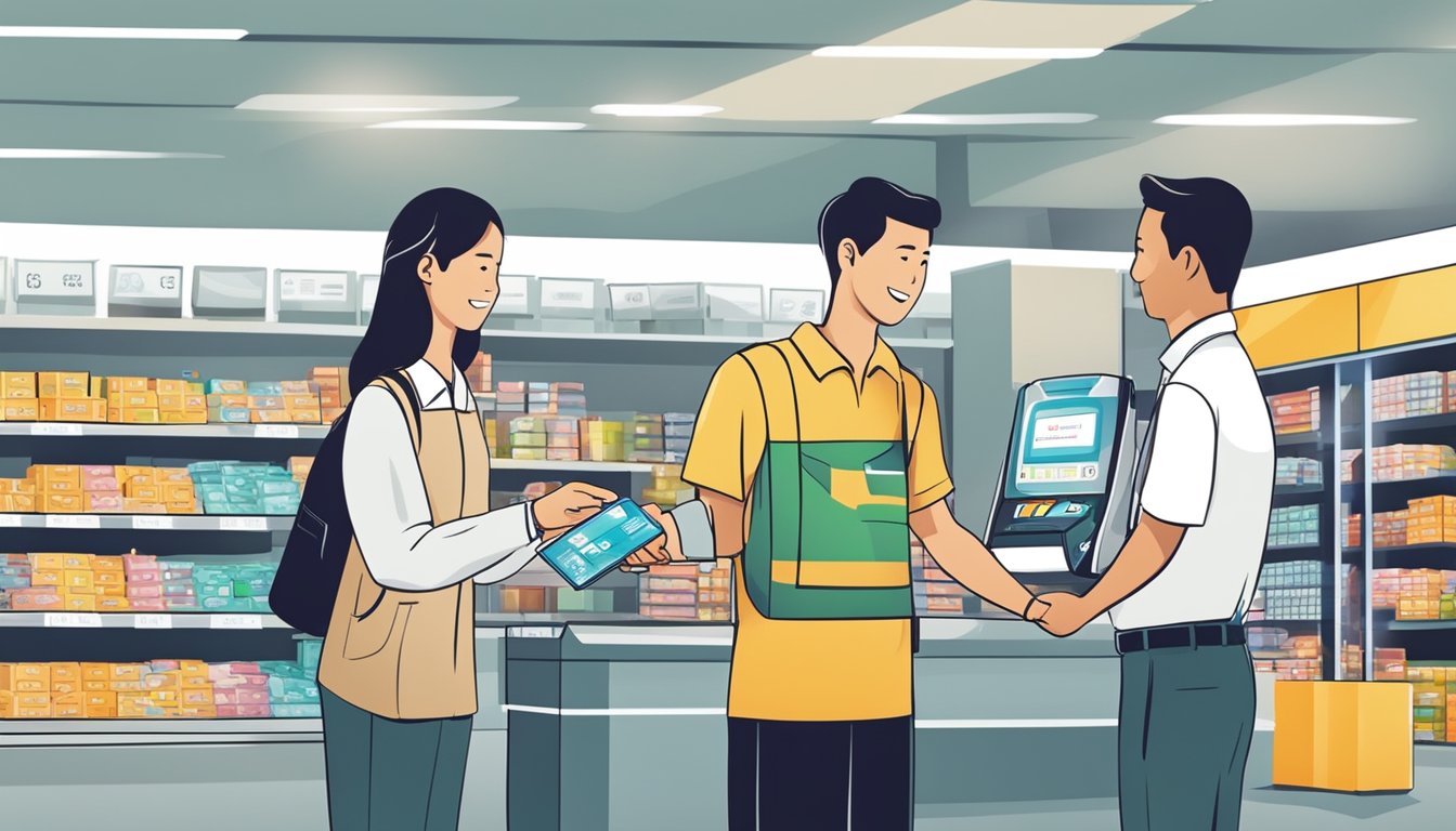 A customer hands over cash to a vendor at a Singaporean electronics store, receiving a Brunei SIM card in return