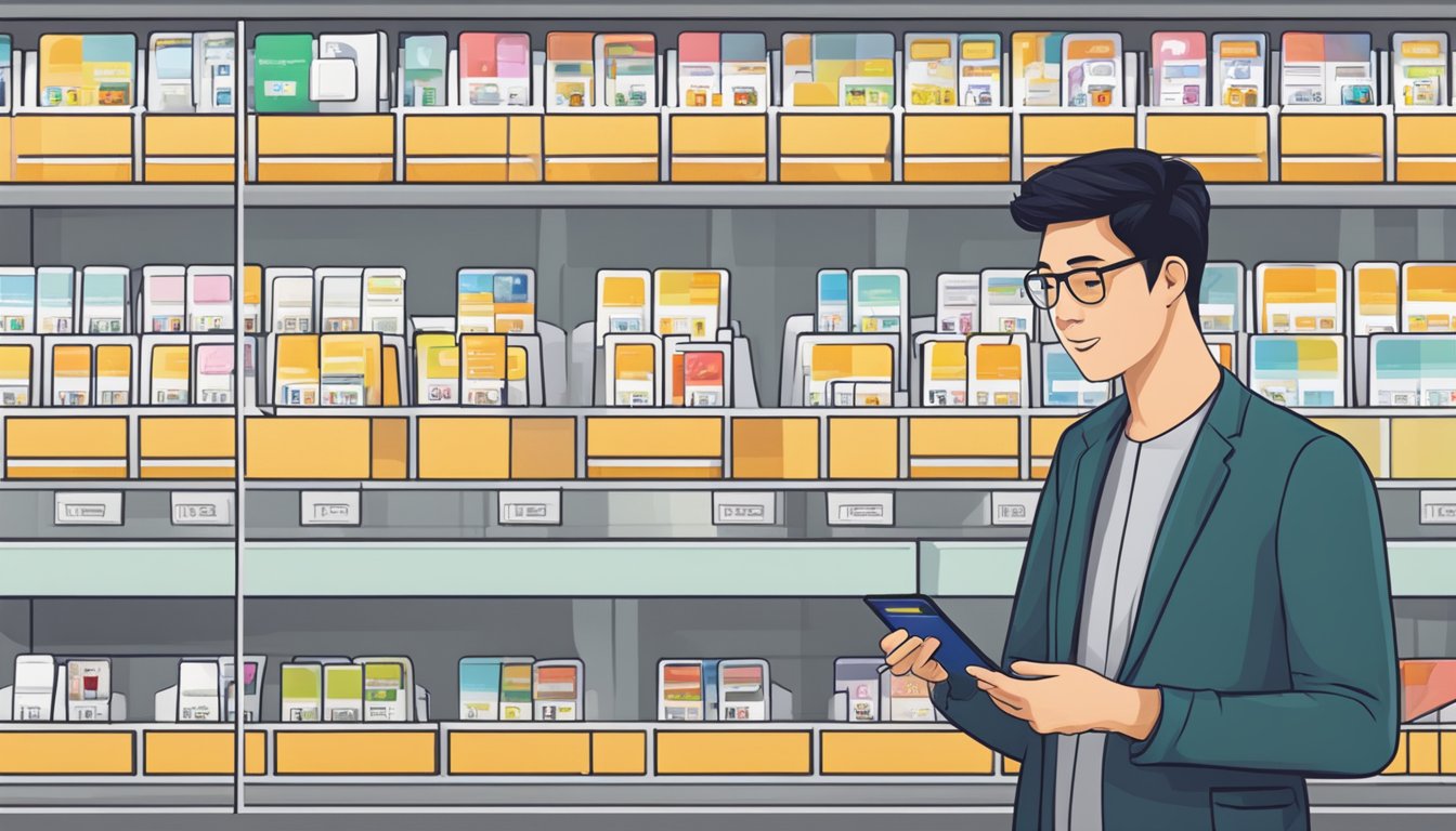 A customer comparing SIM card options at a store in Singapore, with Brunei SIM cards on display