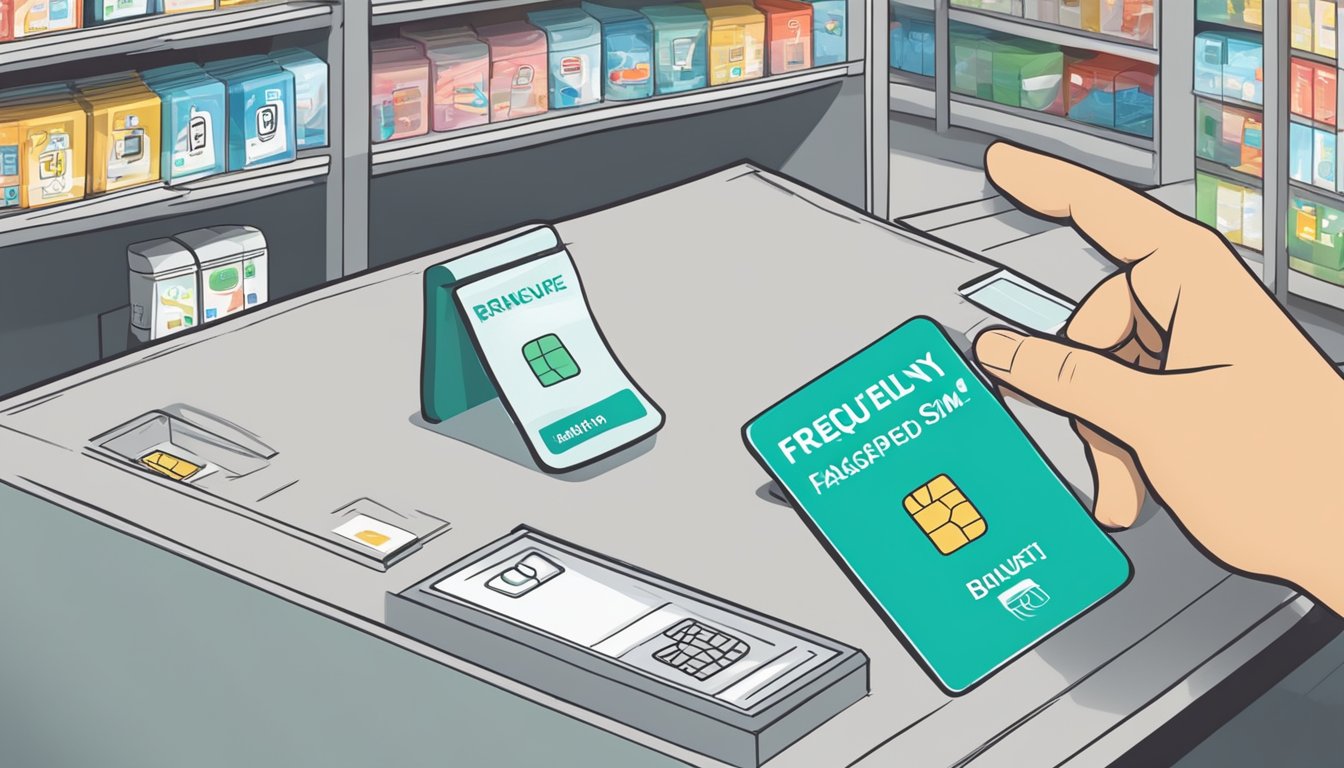 A hand reaching for a Brunei SIM card in a Singapore store, with a sign reading "Frequently Asked Questions: Where to buy Brunei SIM card in Singapore."