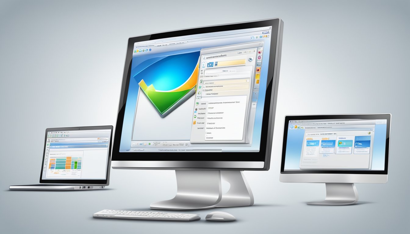 A computer monitor displaying a web browser with a search for "Windows 7 buy online" and a cursor hovering over a search button