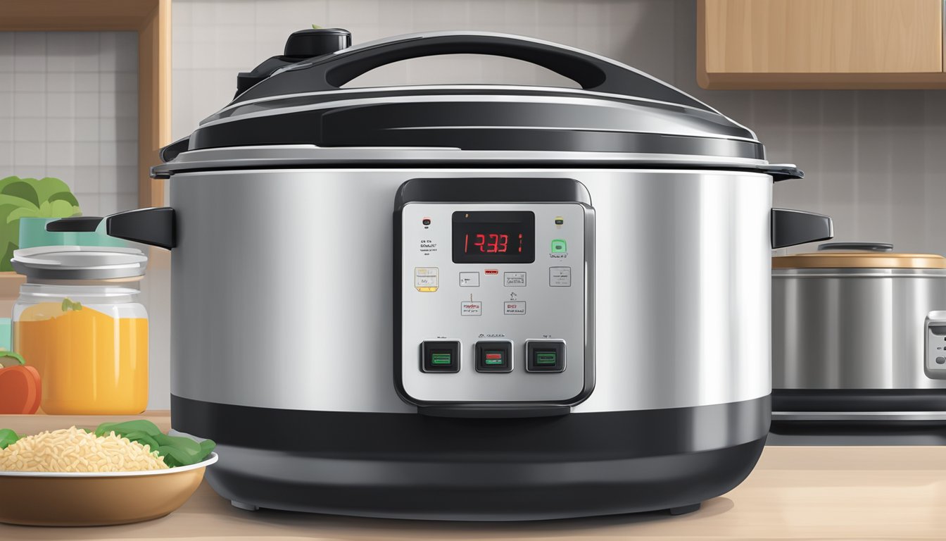 The Buffalo Rice Cooker sits prominently on the shelf, surrounded by other kitchen appliances. The store is well-lit and clean, with a variety of cookware and utensils on display