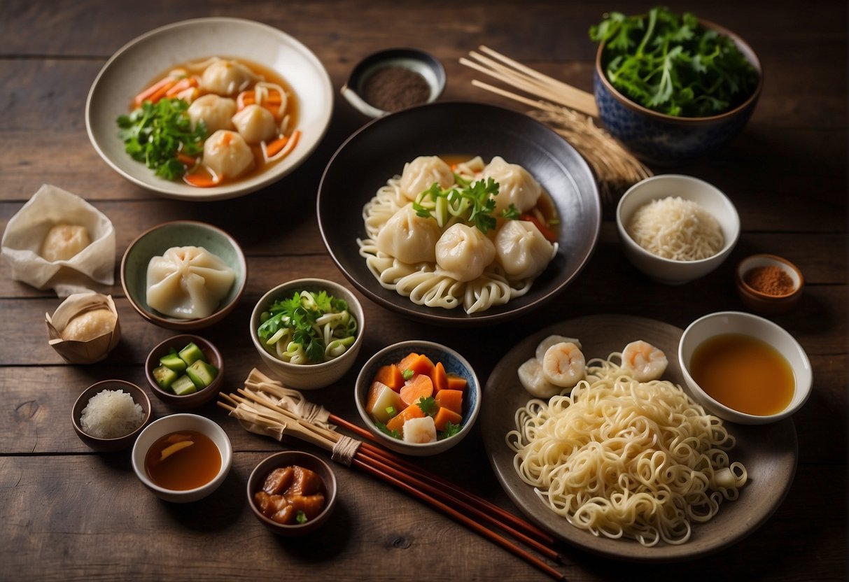 Colorful ingredients arranged on a clean, wooden surface. A wok and chopsticks nearby. A steaming bowl of noodles and a plate of dumplings