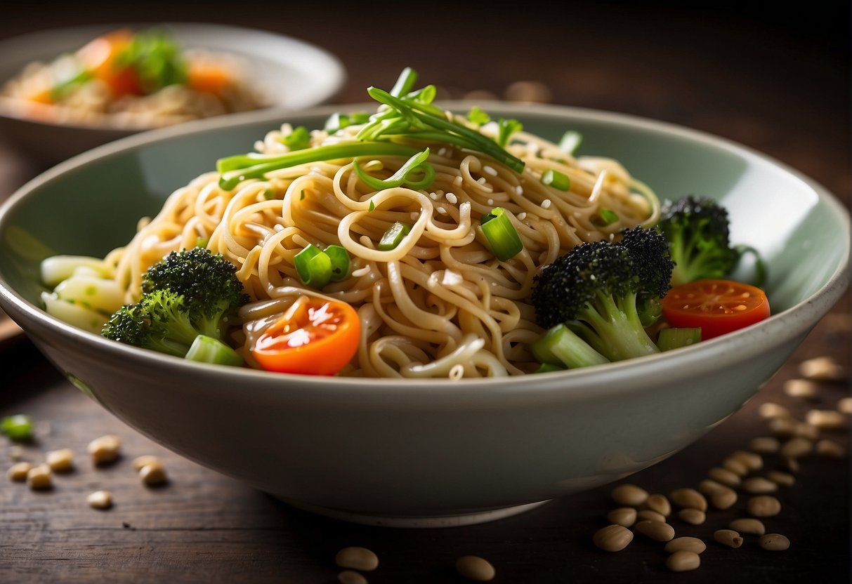 A steaming bowl of stir-fried noodles with fresh vegetables and savory sauce, garnished with sesame seeds and green onions