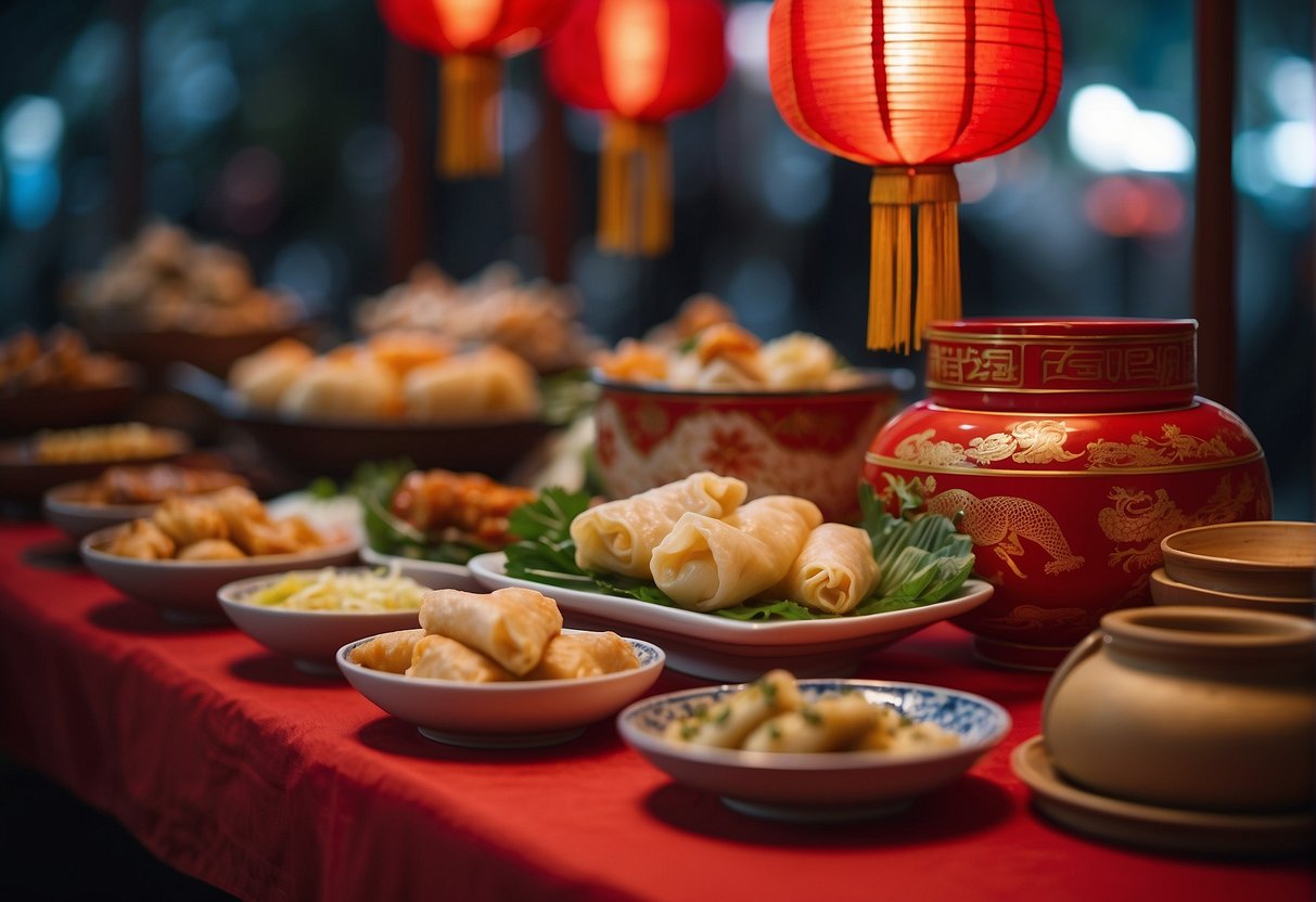 A table adorned with traditional Chinese New Year dishes, including dumplings, spring rolls, and sweet rice cakes. Red lanterns hang above, and a dragon dance is depicted in the background