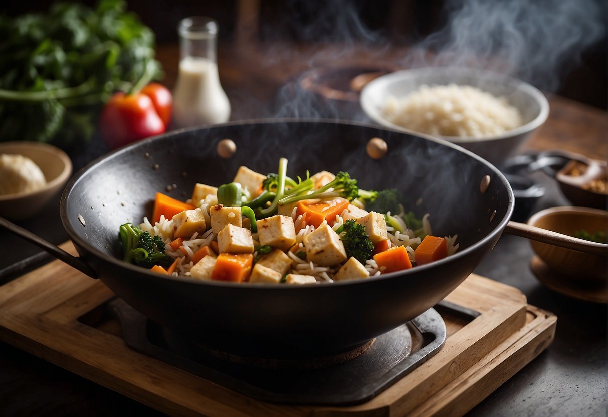 A wok sizzles with diced vegetables, tofu, and savory sauce. A steaming bowl of rice sits nearby, ready to be mixed in