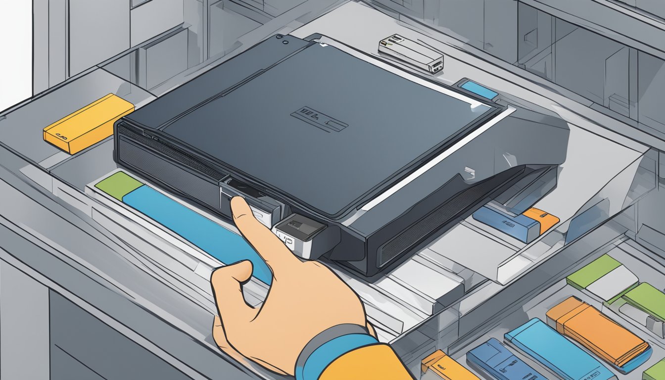 A hand reaches for the sleek 5TB external hard drive on a store shelf, surrounded by various electronic gadgets and accessories. The product is prominently displayed with a "best buy" label