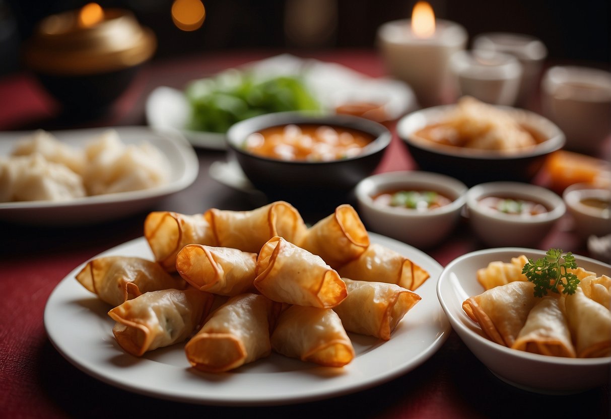 A table set with traditional Chinese appetizers, including spring rolls, dumplings, and crispy wontons, ready to kick off a festive New Year's feast