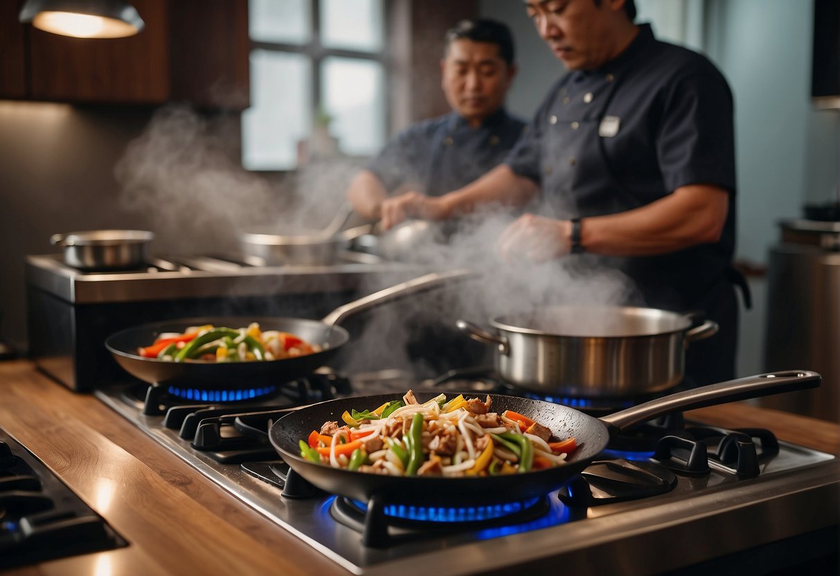A wok sizzles over a gas stove, as a chef stir-fries vegetables and meat. Nearby, a rice cooker steams. Ingredients and utensils clutter the countertop