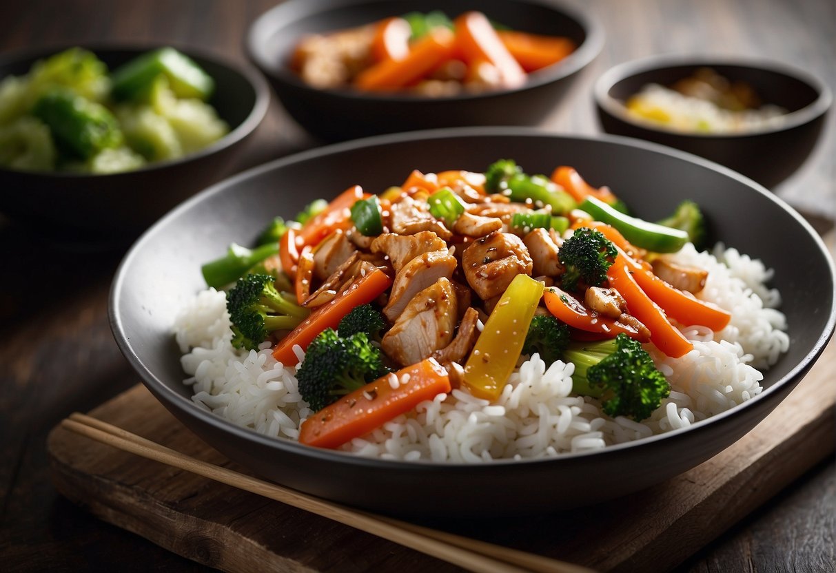 A wok sizzles with stir-fried vegetables and tender strips of chicken, seasoned with soy sauce and ginger, served over a bed of fluffy white rice