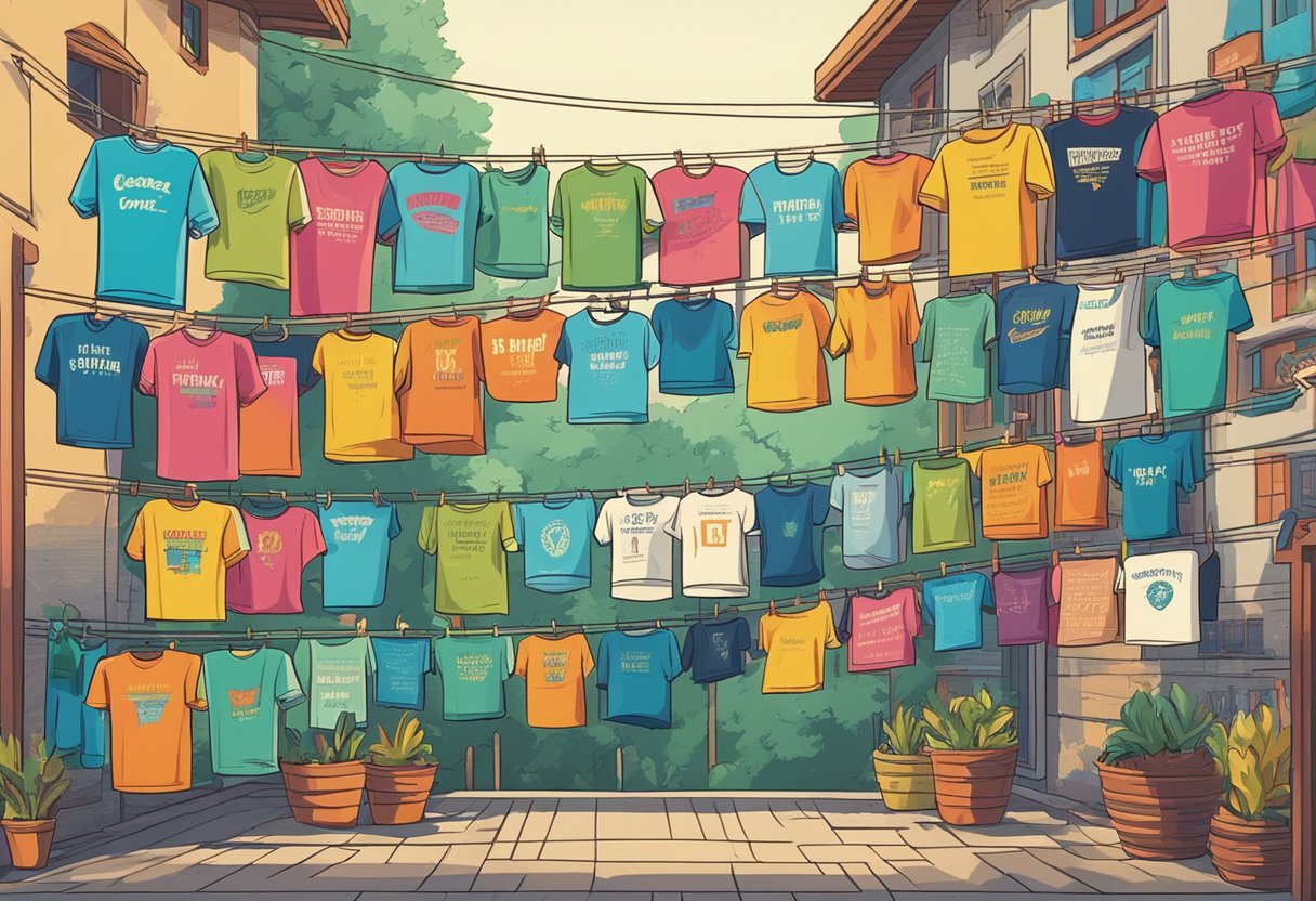 A colorful array of t-shirts with bold, witty quotes printed on them, neatly displayed on a clothesline in a sunny outdoor setting