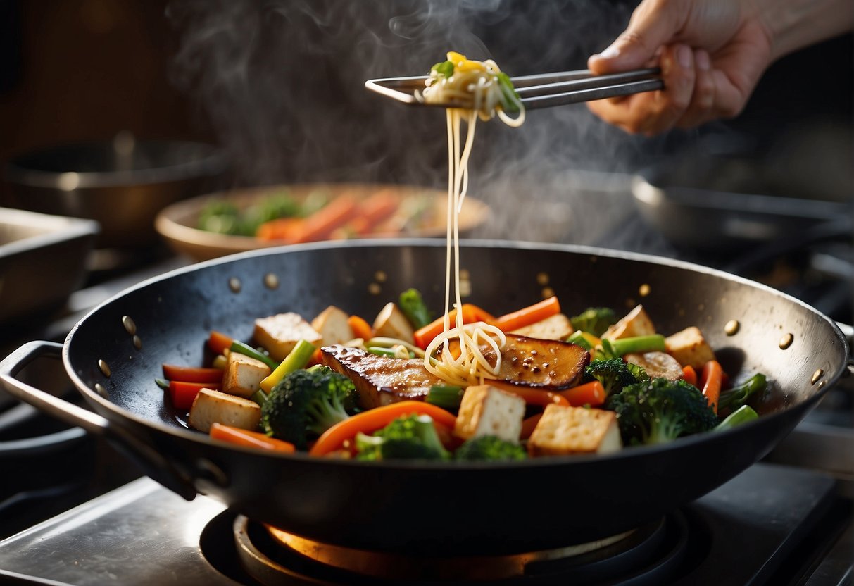 A wok sizzles with stir-fried vegetables and tofu, while a chef pours a savory sauce over the dish, adding a burst of flavor to the simple Chinese meal
