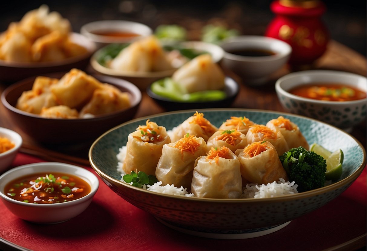 A table set with colorful and aromatic side dishes, including crispy spring rolls, steamed dumplings, and fragrant fried rice, all arranged in traditional Chinese New Year style