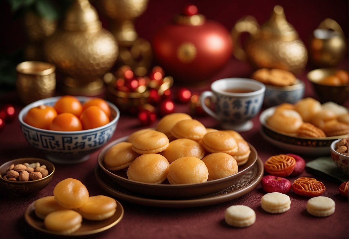 A table adorned with traditional Chinese New Year desserts and treats, including tangyuan, nian gao, and almond cookies, surrounded by festive red and gold decorations