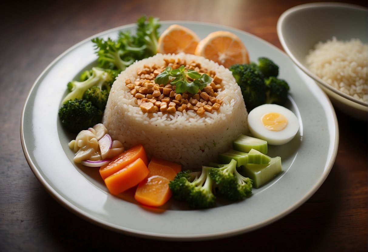A plate of simple Chinese one-dish meal with visible nutritional information and dietary adjustments listed