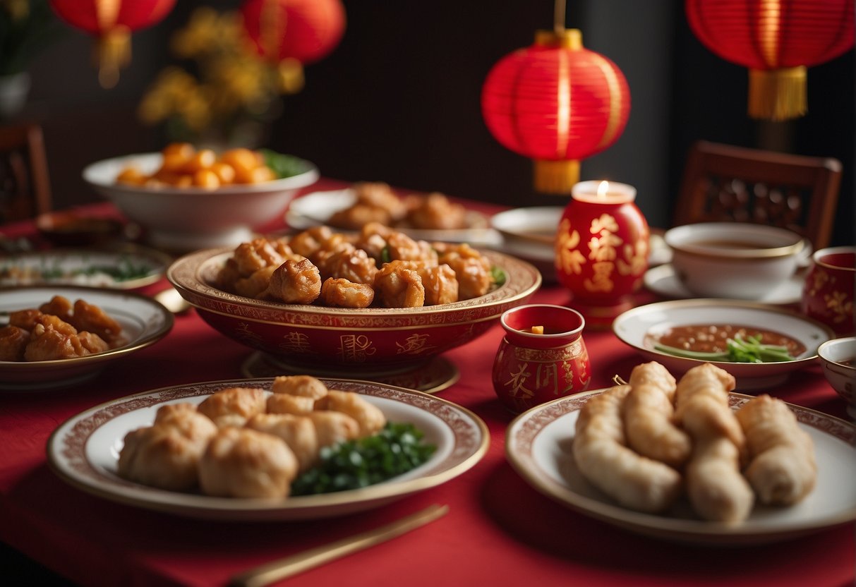 A table set with traditional Chinese New Year dishes, surrounded by family members. Red lanterns hang above, adding to the festive atmosphere