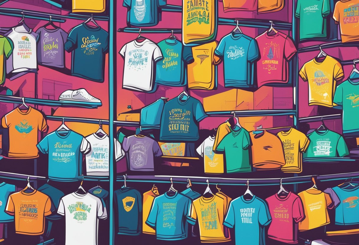 A colorful array of t-shirts with bold, witty quotes and designs, displayed on a clothing rack against a vibrant backdrop