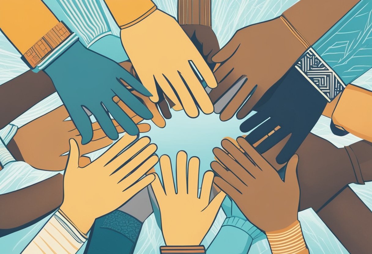 A diverse group of hands holding each other in a circle, symbolizing unity and togetherness. Rays of light shining down on them, representing hope and strength