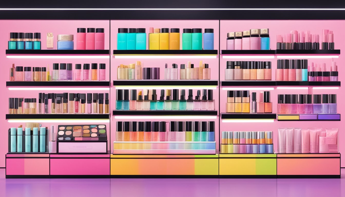 A colorful display of 3CE cosmetics on shelves in a modern Singaporean beauty store. Bright lights illuminate the products, showcasing the brand's logo and vibrant packaging