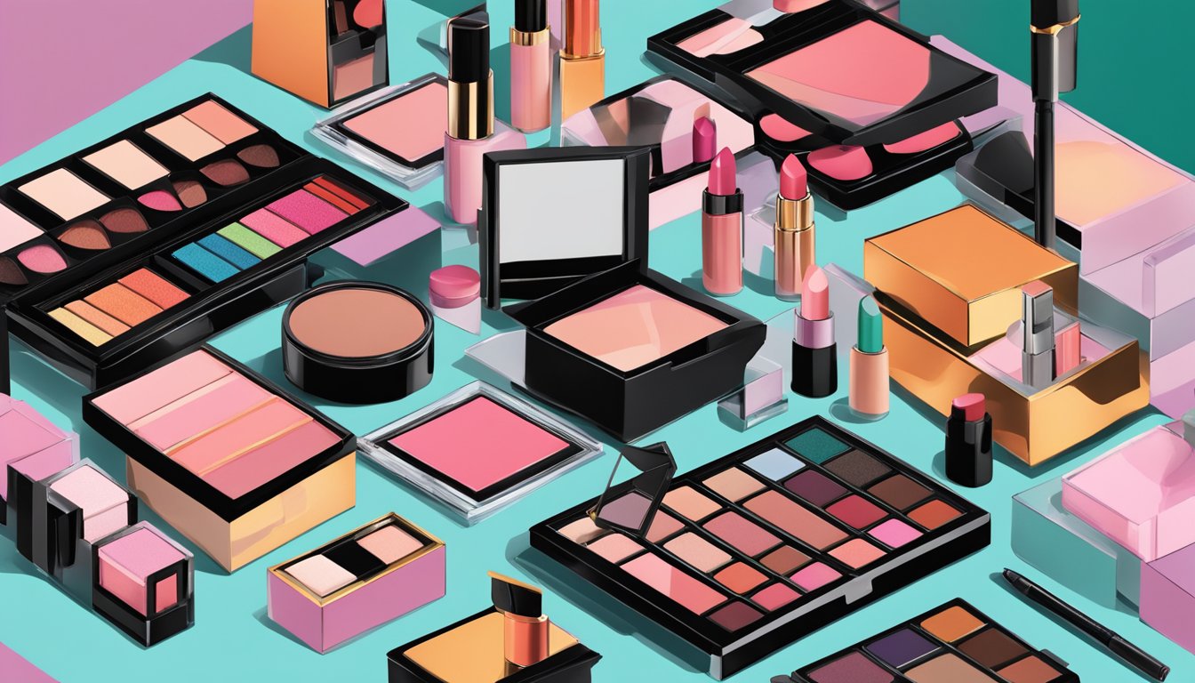 A table displays 3CE's must-have products, including lipsticks, eyeshadows, and blushes. Bright packaging and trendy colors catch the eye
