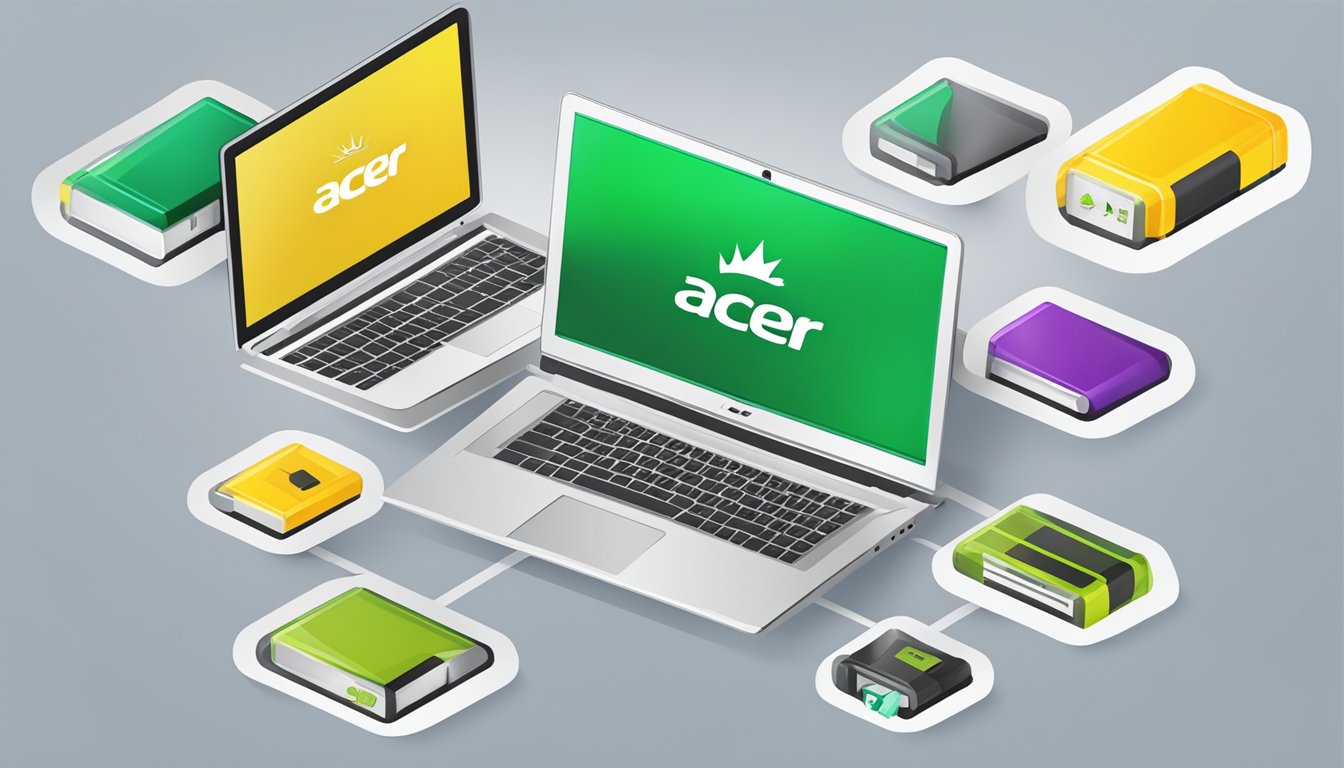 A hand clicks "Add to Cart" on a laptop battery page. The screen shows an Acer battery with "Buy Now" button