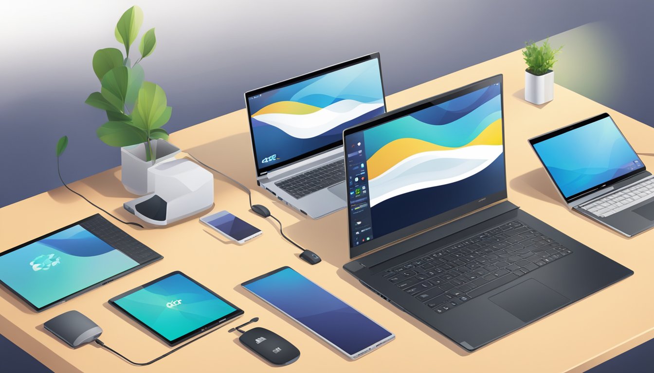 An open laptop with an Acer logo displayed prominently, surrounded by various battery options and a computer mouse