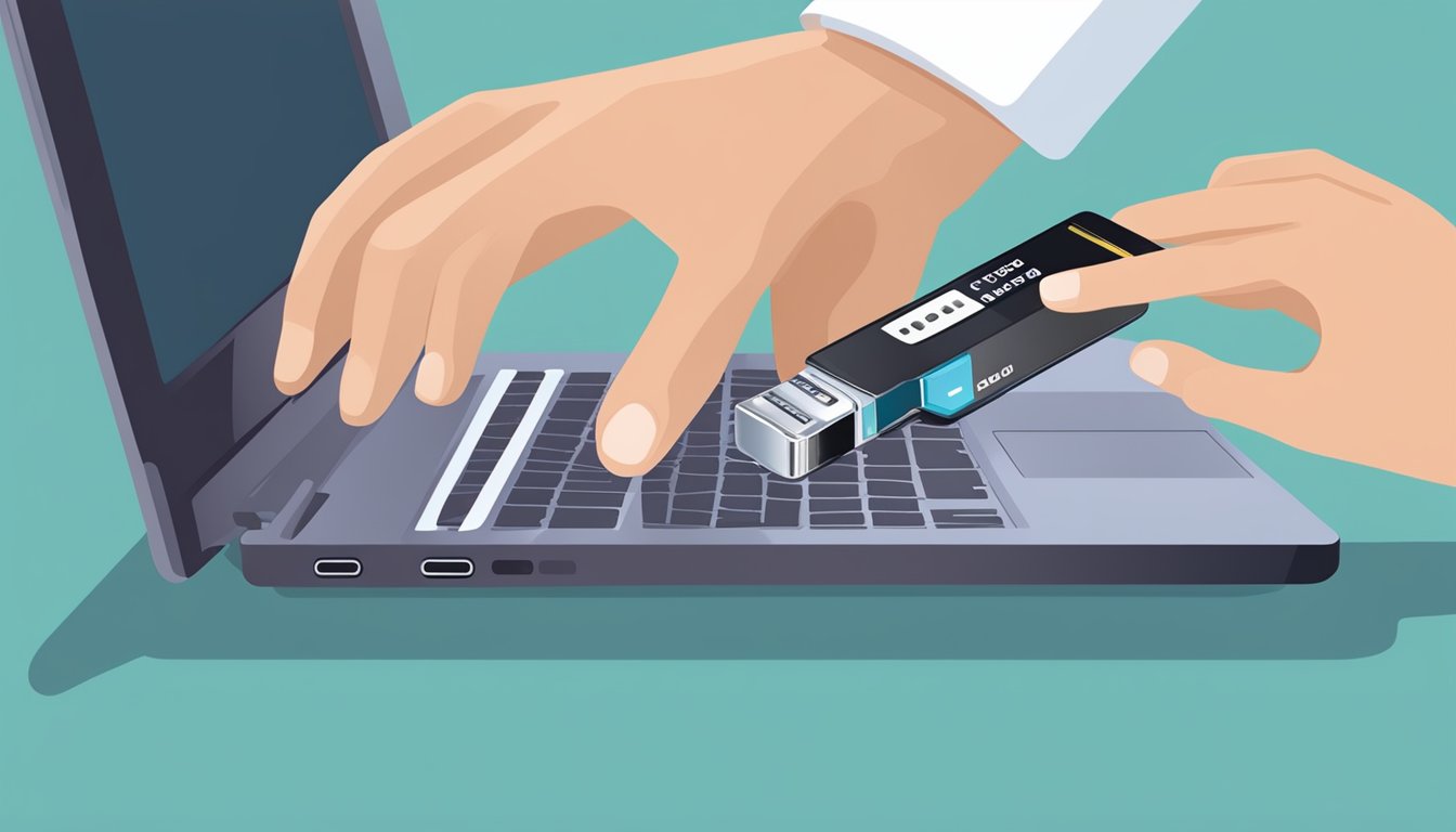 A hand clicks "Add to Cart" on a laptop battery website. Another hand plugs the new battery into a laptop