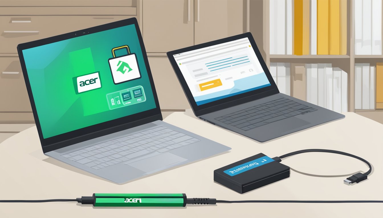 A laptop battery being purchased online, with a laptop and charger nearby. The screen shows a webpage with "Frequently Asked Questions buy acer laptop battery online" highlighted