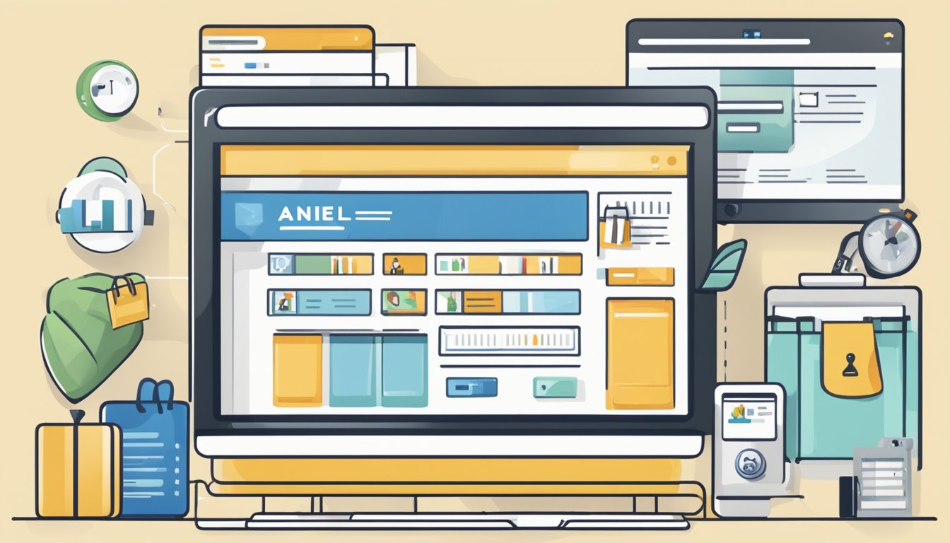 A computer screen displaying a website with the "buy anello online" button highlighted, surrounded by various product images and a secure payment icon