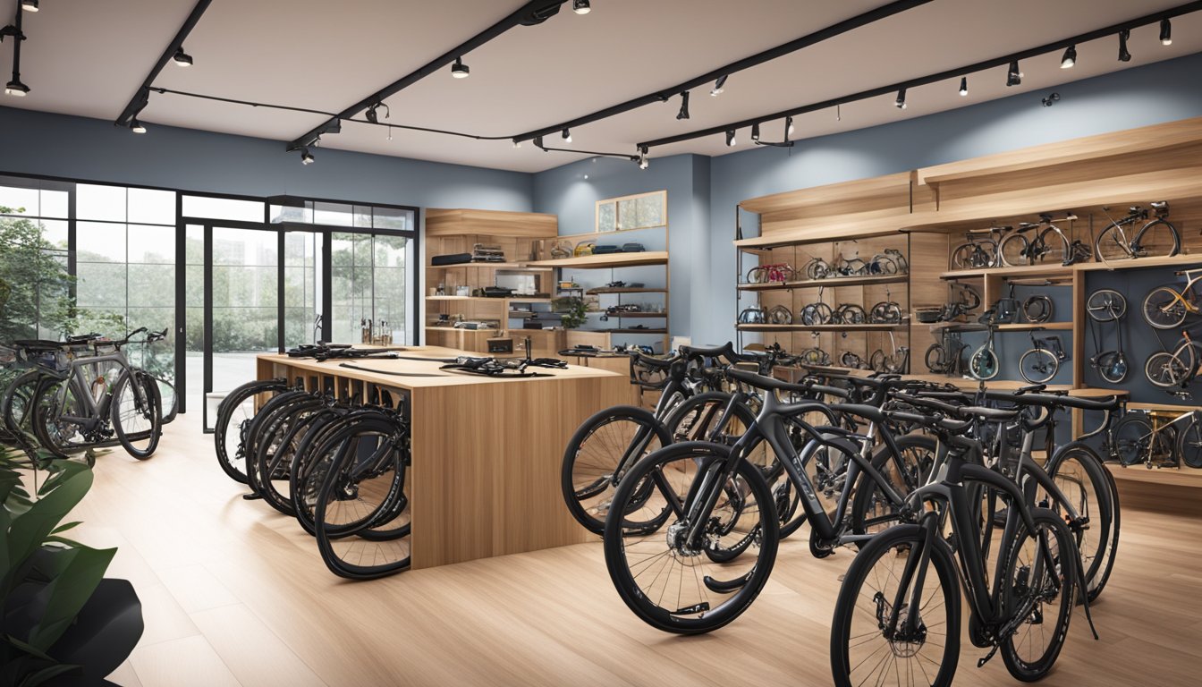 A bicycle shop in Singapore sells Canyon bikes, featuring a sleek showroom with various models and accessories on display