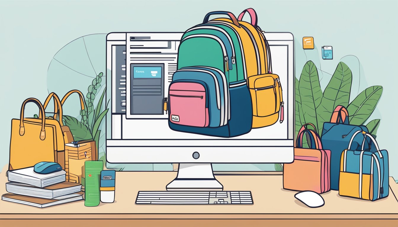 A computer screen displaying the Anello online shopping guide with various backpacks and bags, a credit card, and a shipping address