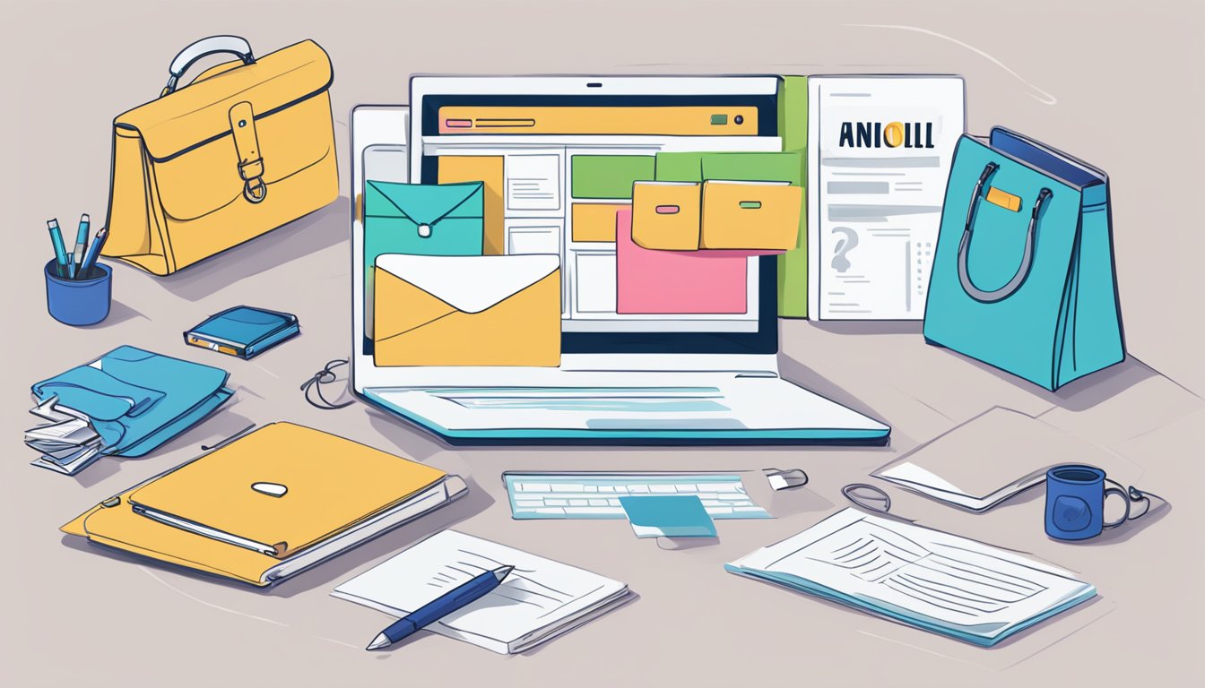 A laptop displaying a webpage titled "Frequently Asked Questions buy anello online" with a list of questions and answers, surrounded by a stack of anello bags and a pen