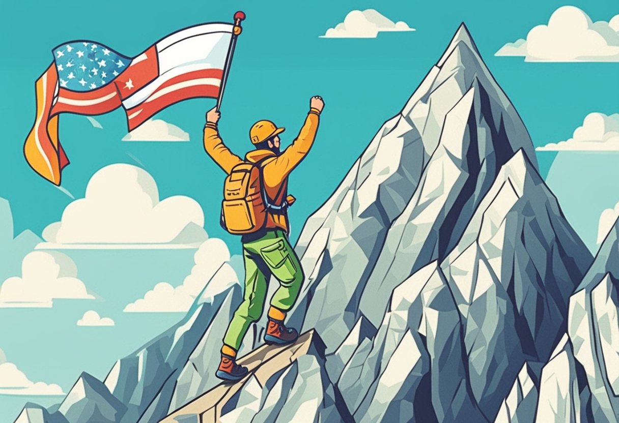 A mountain climber conquering a steep peak, holding a flag with the words "you can do it" waving triumphantly in the wind