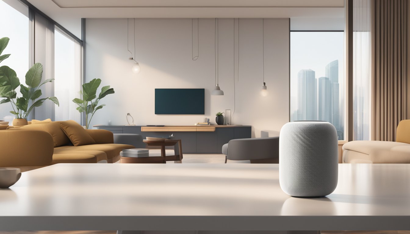 An Apple HomePod sits on a sleek, modern table in a well-lit room in Singapore. The room is tastefully decorated with minimalist furniture and large windows letting in natural light