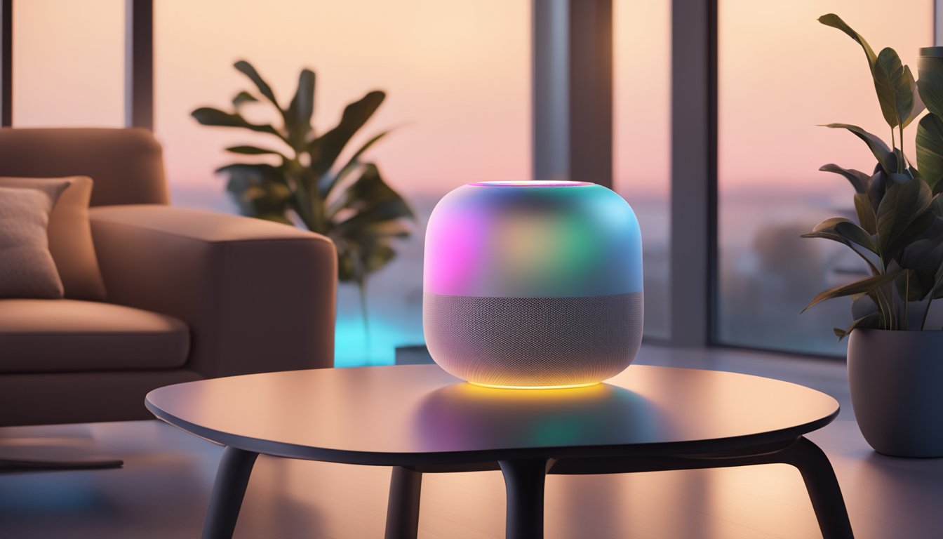 A HomePod sits on a sleek, modern table. Its soft glow illuminates the room as it plays music, while its touch controls beckon to be explored