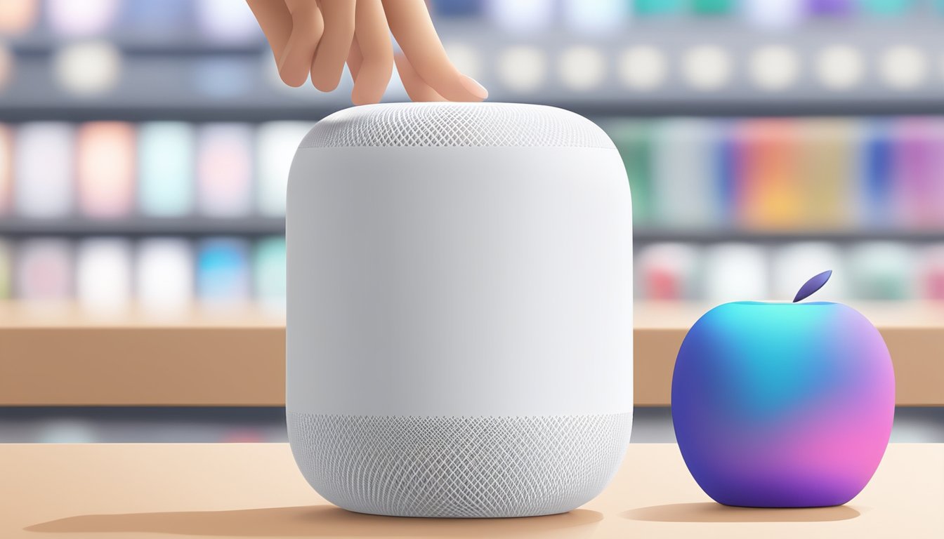 A hand reaches for a sleek white HomePod on a store shelf in Singapore, with a prominent Apple logo and price tag displayed