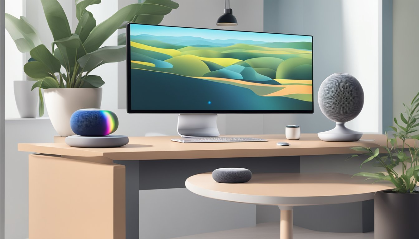 A sleek Apple HomePod sits on a modern table, surrounded by various smart home devices. A customer service representative stands nearby, ready to answer questions