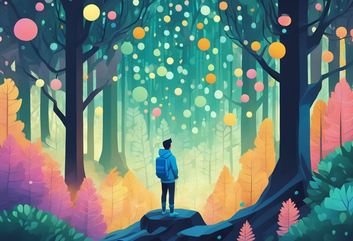 A person standing in a forest, surrounded by swirling mist and glowing orbs, with a serene expression