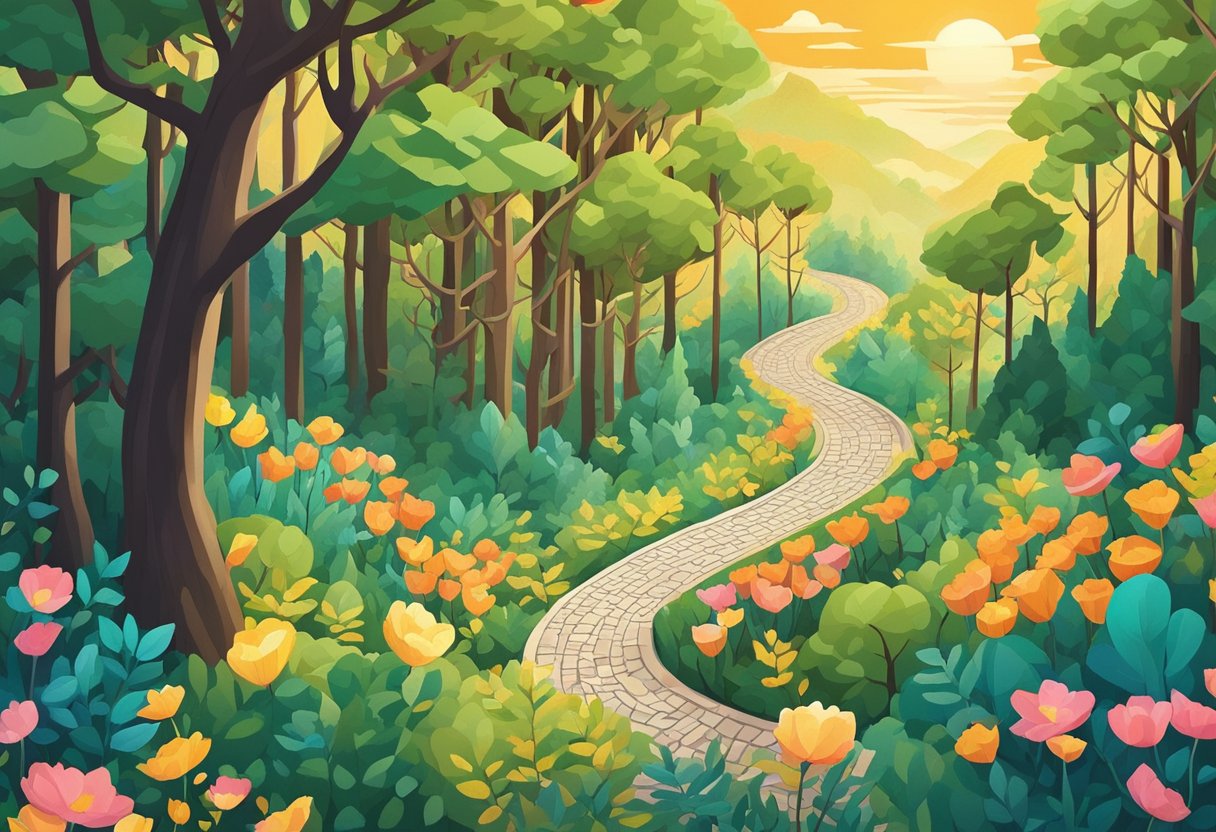 A serene forest with a winding path, surrounded by vibrant flowers and tall trees. A gentle breeze rustles the leaves as the sun casts a warm glow