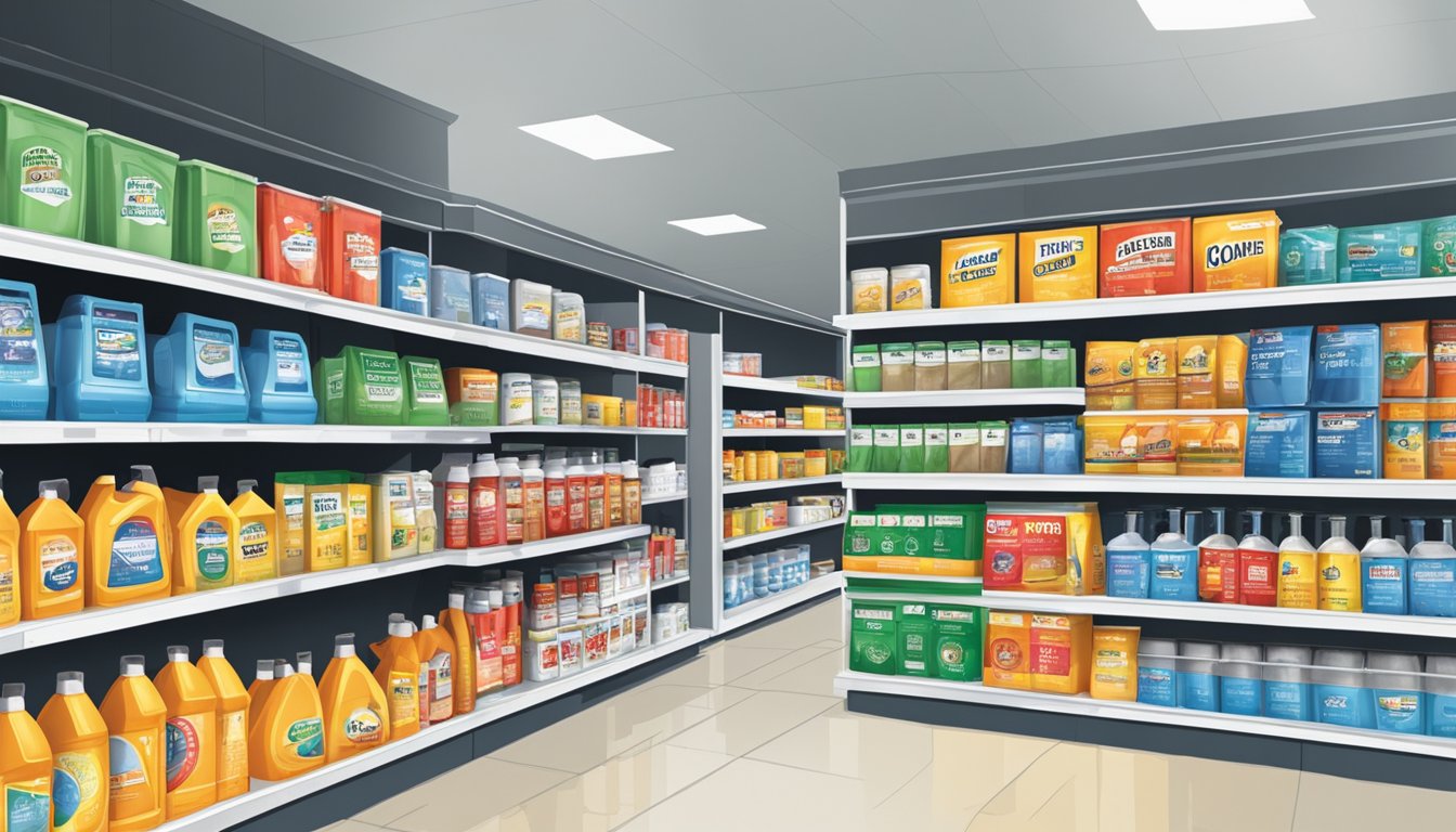 A hardware store shelf displays caustic soda in Singapore