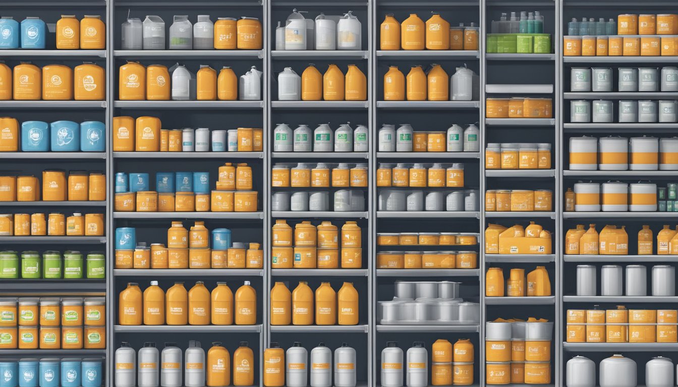 A warehouse shelves stocked with caustic soda containers, labeled with supplier logos, in Singapore