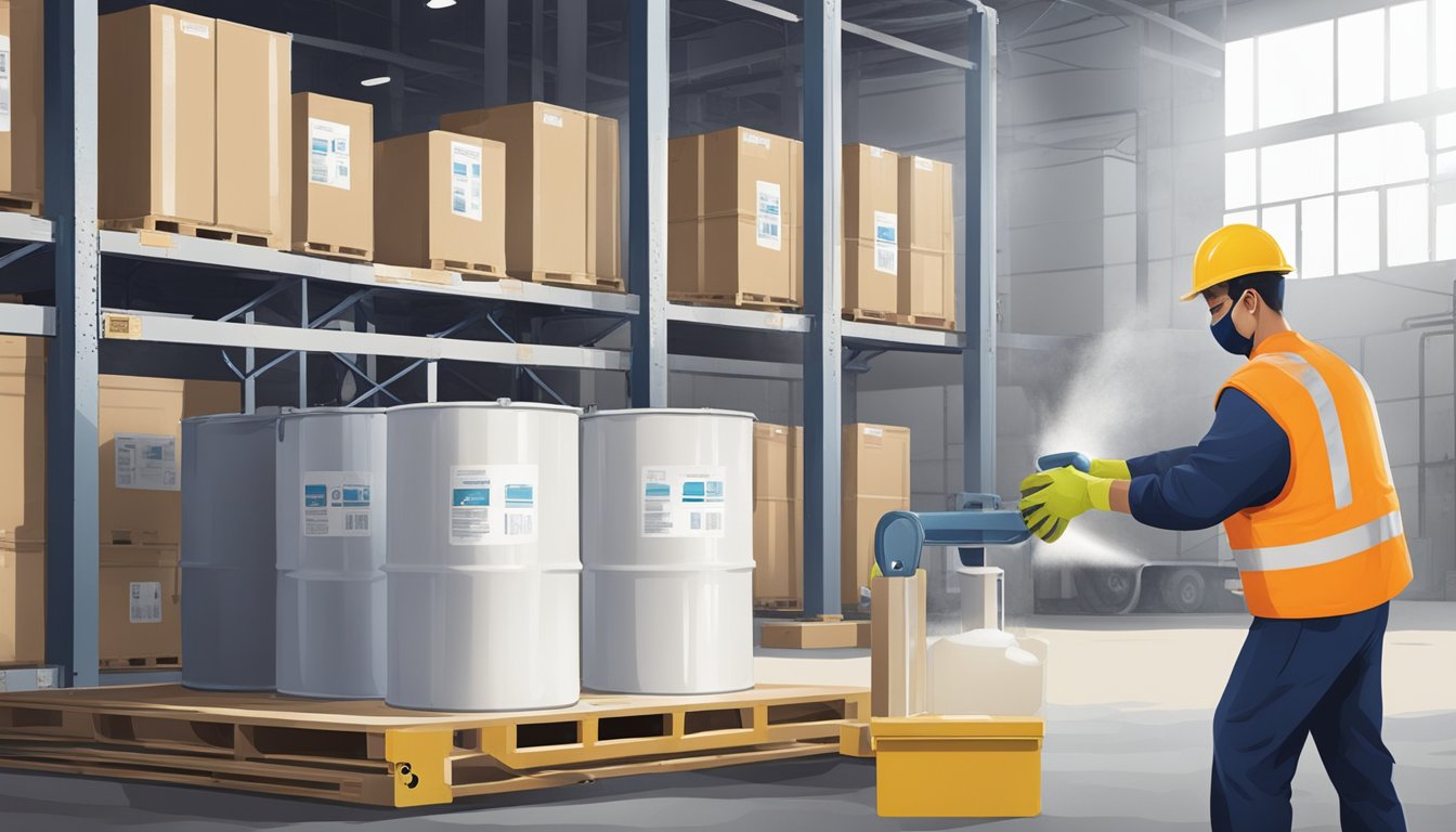 A warehouse worker pours caustic soda from a large industrial container into smaller packaging at a chemical distribution center in Singapore