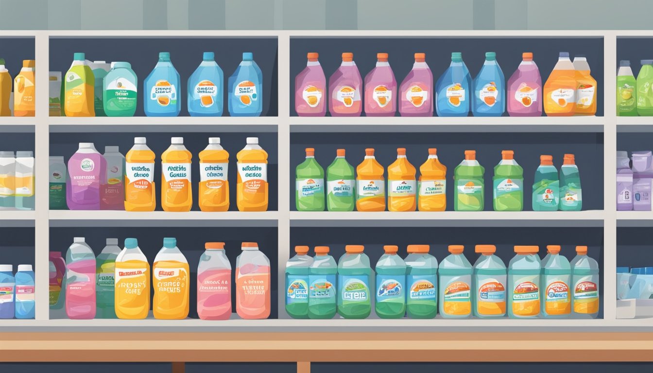 A shelf of caustic soda containers in a Singapore store, with a sign reading "Frequently Asked Questions: where to buy caustic soda in Singapore."