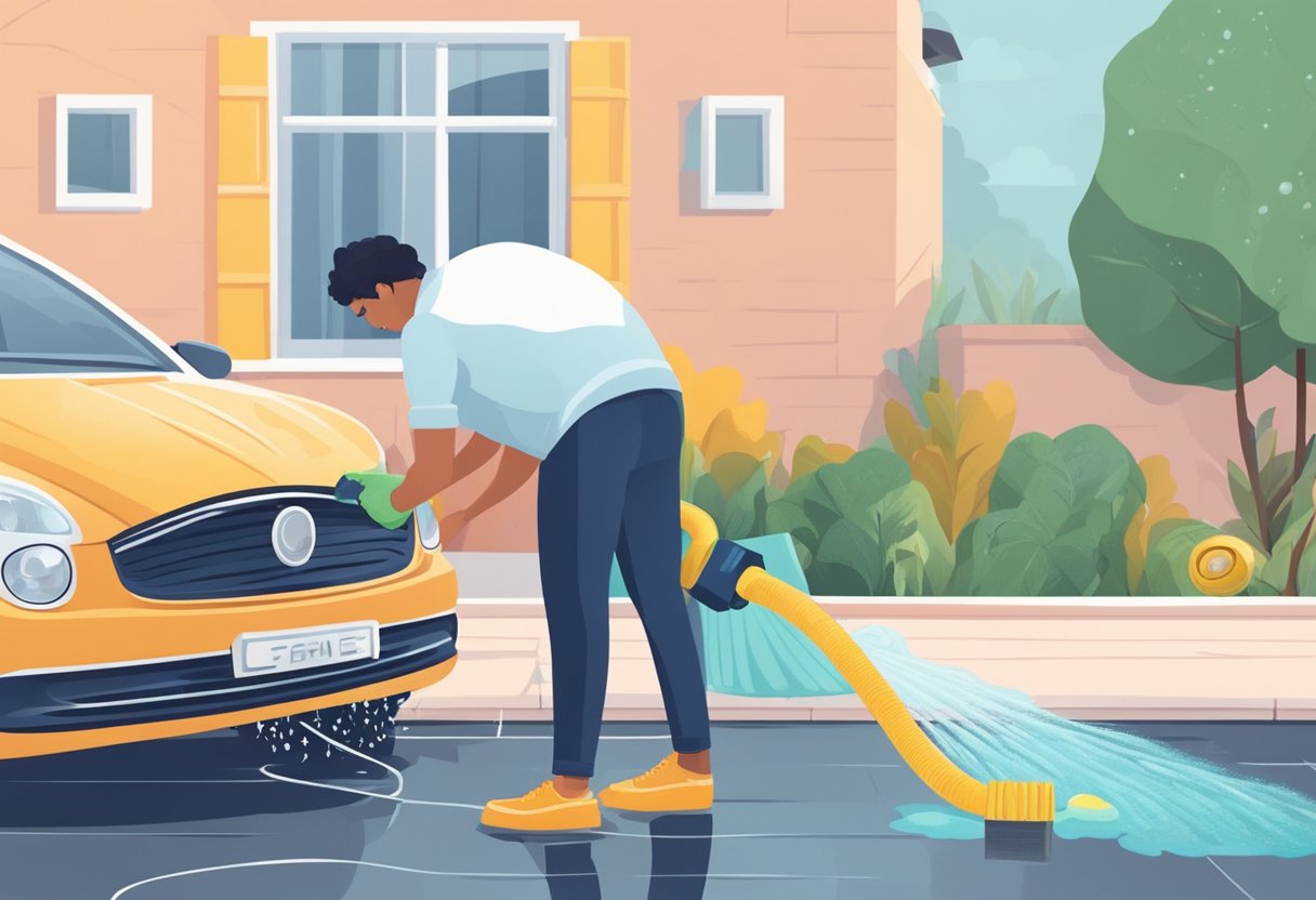 A person washing their car at home with a hose and sponge