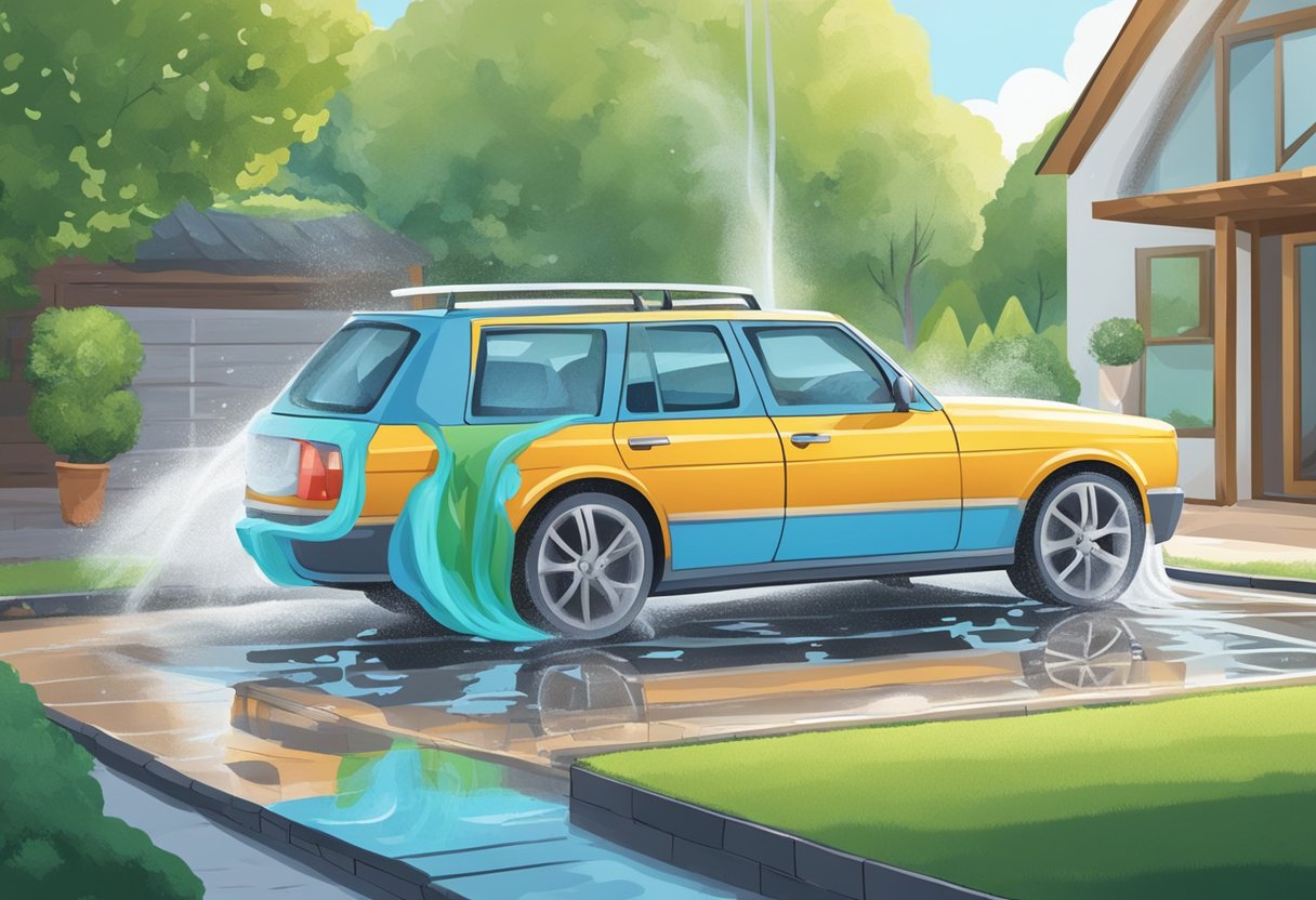 A person washing a car at home using eco-friendly cleaning products and a hose, with water running onto the driveway