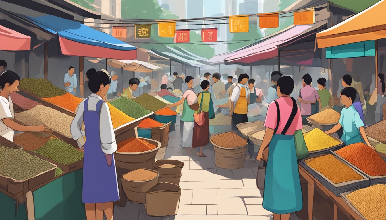A bustling market in Singapore, with colorful stalls selling various spices and ingredients. A sign reads "Chai Poh" in bold letters, drawing attention to the small, fragrant jars on display